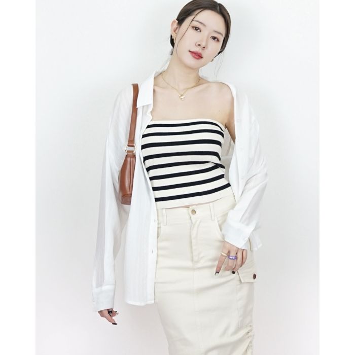 MORRO STRIPE OVERSIZED CHIFFON SHIRT-WHITE