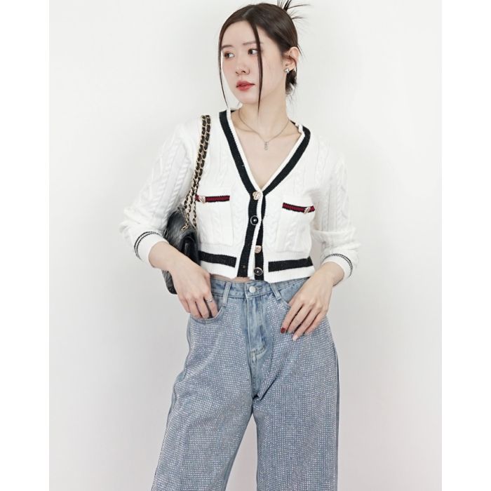 LOVE HEART CHAIN KNIT CARDIGAN-WHITE