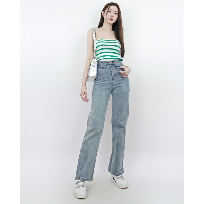 PATCH POCKET HIGHT WAIST DENIM PANTS-SKY-S