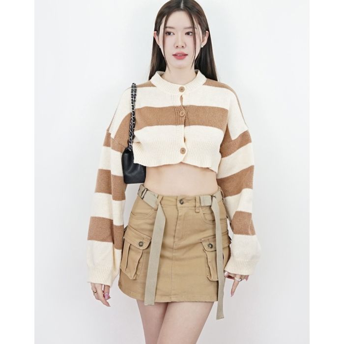 DESSERT STRIPE CROP TOP CARDIGAN-CARAMEL