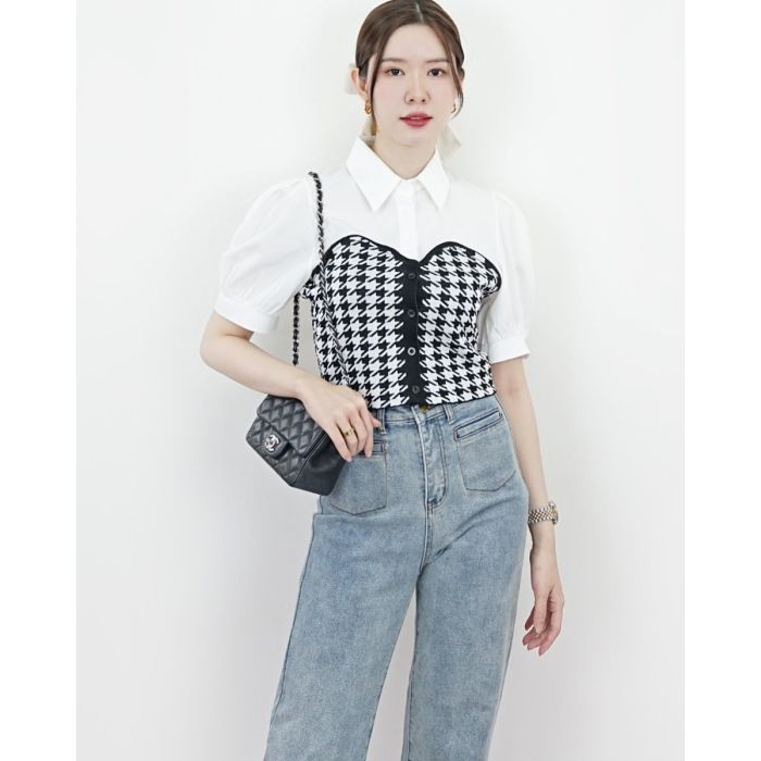 GRANVILLE HOUNDSTOOTH BLOUSE-WHITE
