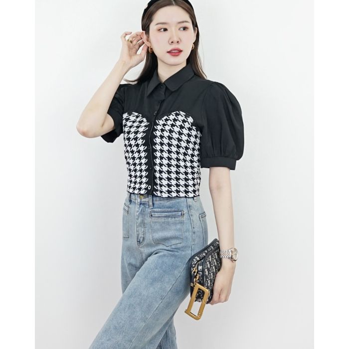 GRANVILLE HOUNDSTOOTH BLOUSE-BLACK