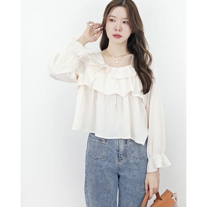 ROSEMARY RUFFLE TEXTURED BLOUSE-CREAM