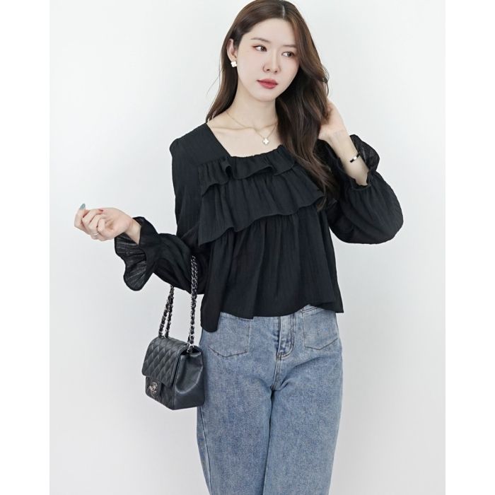 ROSEMARY RUFFLE TEXTURED BLOUSE-BLACK