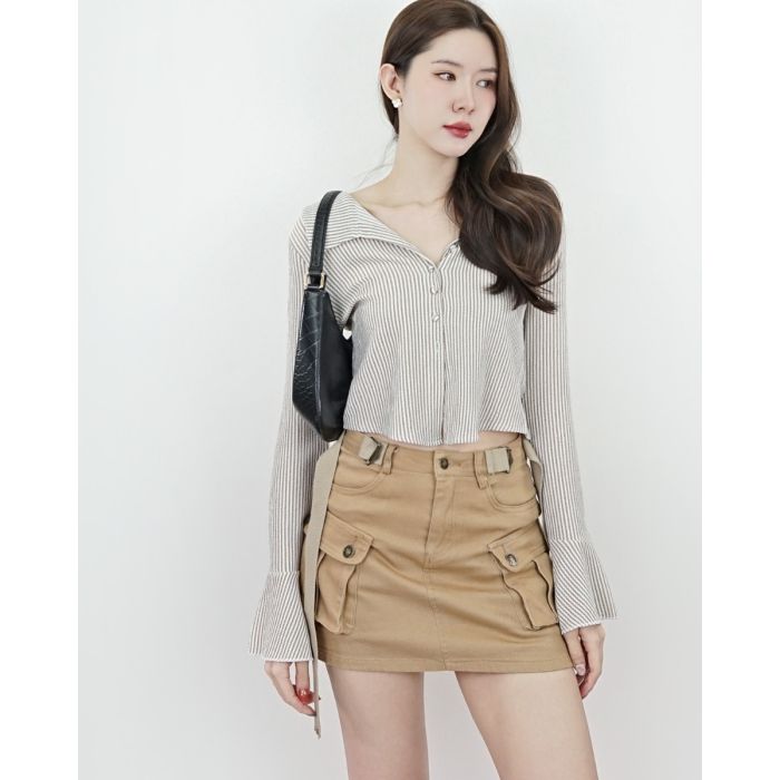 GRANDE WAFFLE STRIPED MINI SHIRT-TAUPE