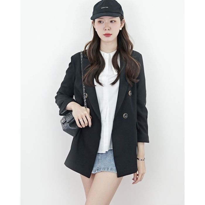 BELGIO RUCHED SLEEVE BLAZER-BLACK-M