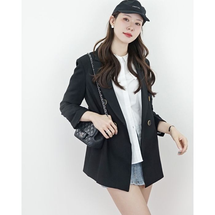 BELGIO RUCHED SLEEVE BLAZER-BLACK-L