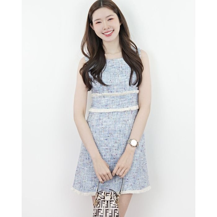 AMBER TWEED SLEEVELESS DRESS-BLUE-S