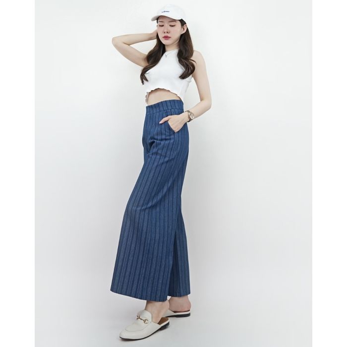 LE BLEU STRIPE FLARE DENIM PANTS-NAVY-S