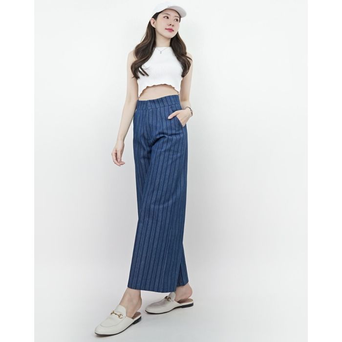 LE BLEU STRIPE FLARE DENIM PANTS-NAVY-L