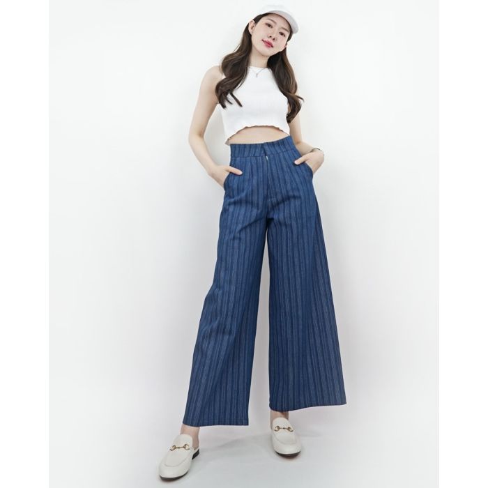 LE BLEU STRIPE FLARE DENIM PANTS-NAVY-XL