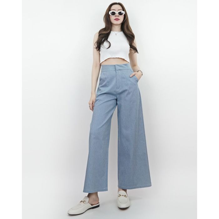 LE BLEU STRIPE FLARE DENIM PANTS-BLUE 1-XL