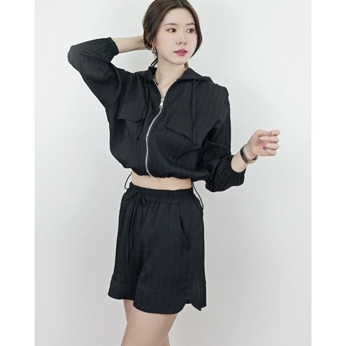 AIRPORT HOODIE TOP & SHORTS SET-BLACK