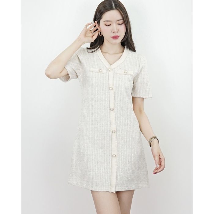 SPLENDID BUTTON TWEED DRESS-BEIGE