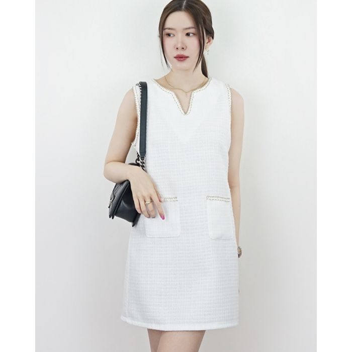 BLISS TWEED SLEEVELESS DRESS-WHITE