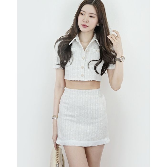 LIAH TWEED CROP SHIRT & SKIRT SET-OAT