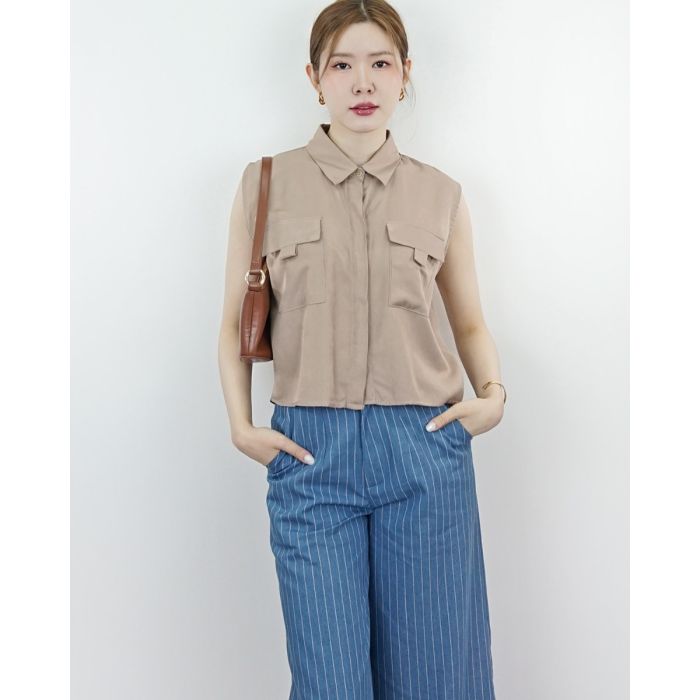 AMBER RAYON SLEEVELESS BLOUSE-TAUPE