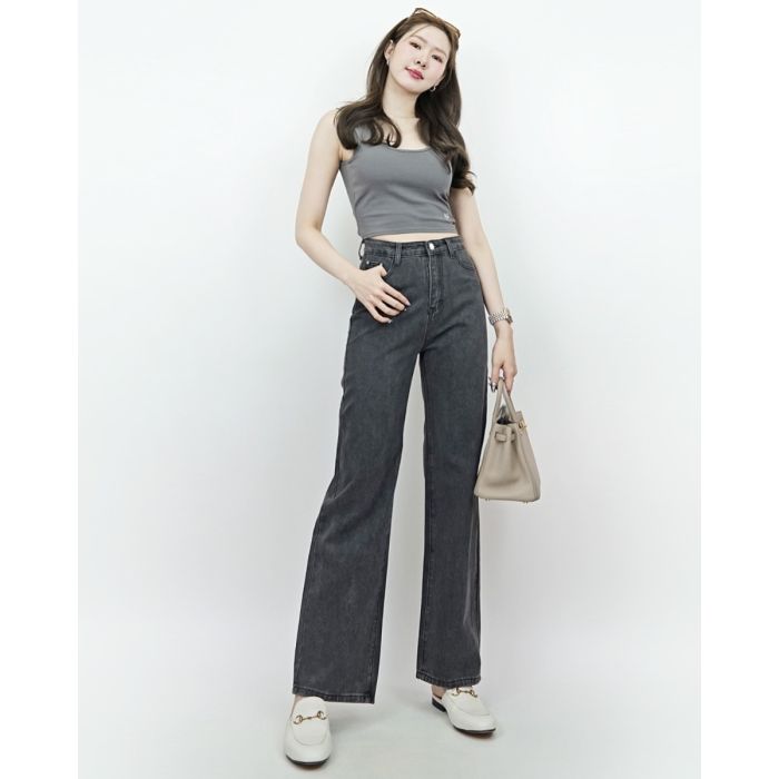 CELIA FULL-LENGTH DENIM PANTS-CHARCOAL-M