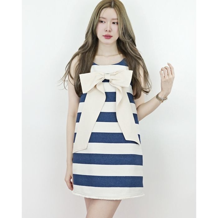 MARINE STRIPED BOW SLEEVELESS DRESS
