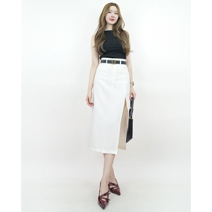 MACADAMIA SPLIT FRONT MIDI SKIRT-WHITE-S