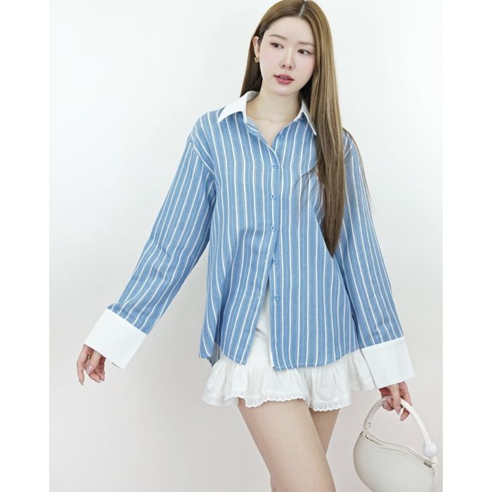 PONY STRIPE COTTON SHIRT-BLUE