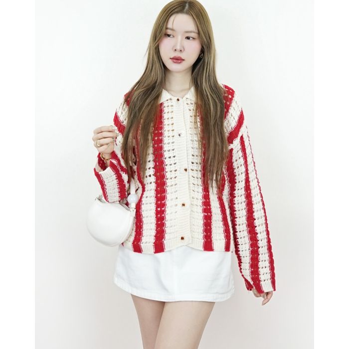 AFFOGATO STRIPE KNIT CARDIGAN-RED
