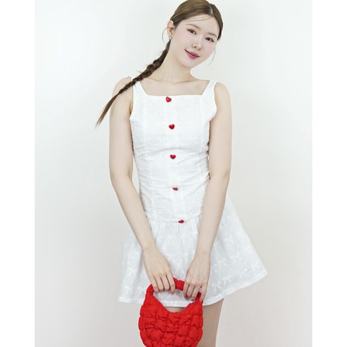 HEART BUTTON OPEN BACK BOW DRESS-WHITE