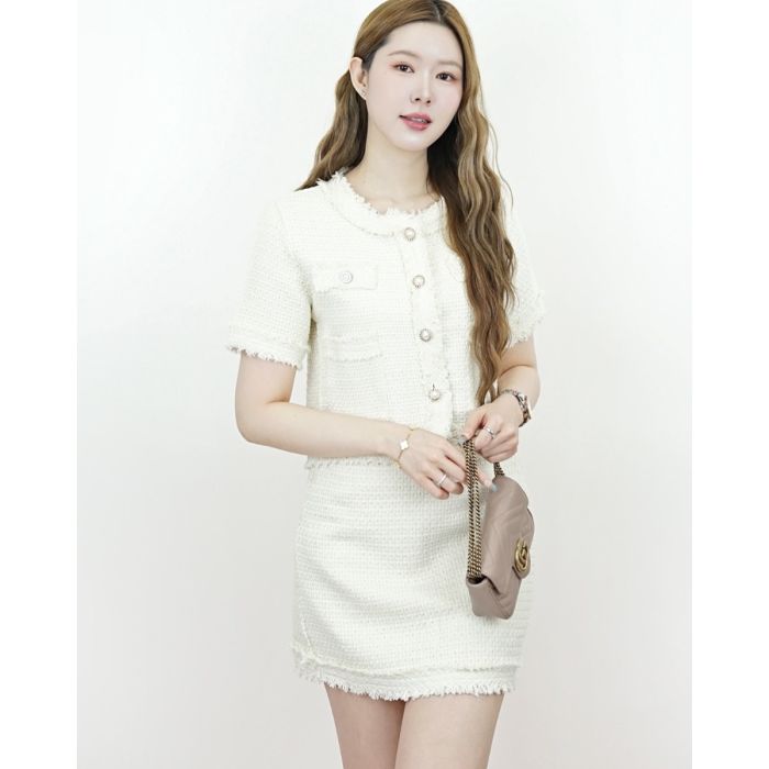 MELLOW TWEED BLOUSE & SKIRT SET-VANILLA