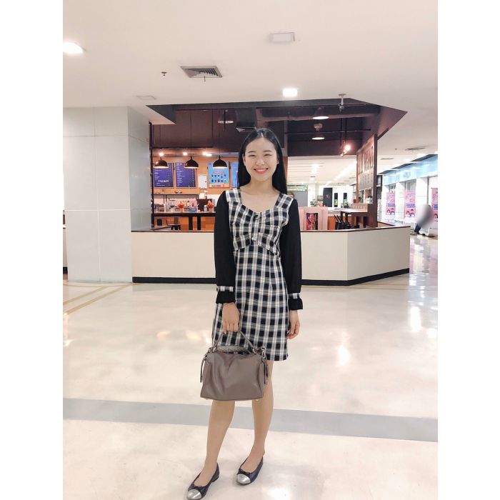JOYCE DRAPED TARTAN DRESS-BLACK-M
