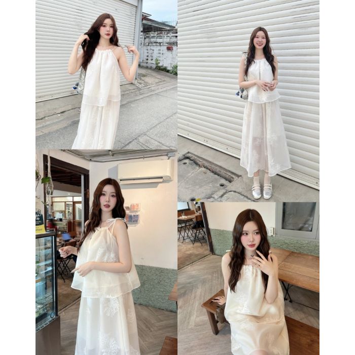 CHRYSAN EMBROIDERY TOP & SKIRT ORGANDY SET
