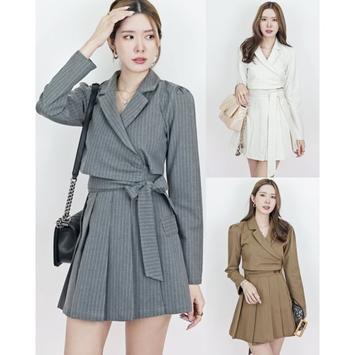 PINSTRIPE SIDE BUTTON WRAP SKIRT