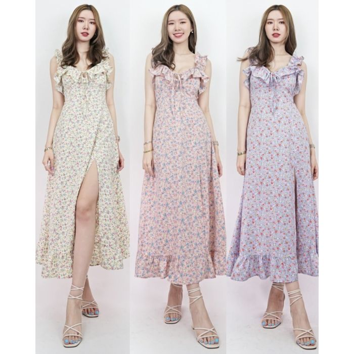 GERBERA FLORAL RUFFLE SINGLET MAXI DRESS