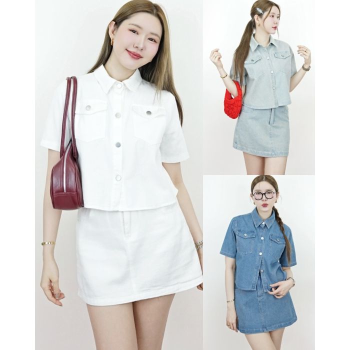 PREPPY DENIM CROP SHIRT & SKIRT SET