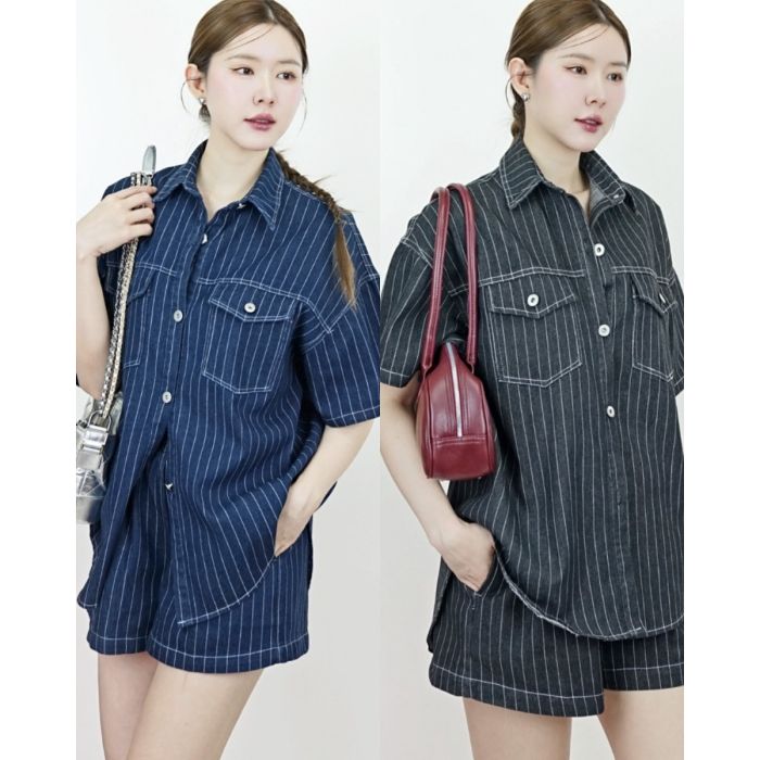 STRIPE OVERSIZED DENIM SHIRT & SHORTS SET