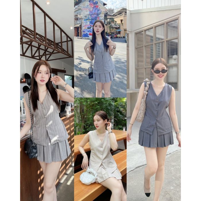 PASTEL LONG VEST TOP & SKIRT SET