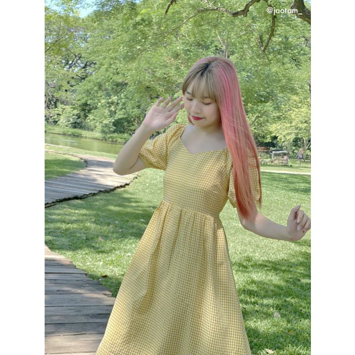 DELISH MINI GINGHAM TIE WAIST MIDI DRESS-YELLOW