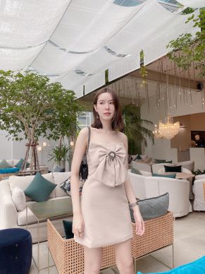 JENNY BOW FRONT TUBE DRESS-BEIGE-S
