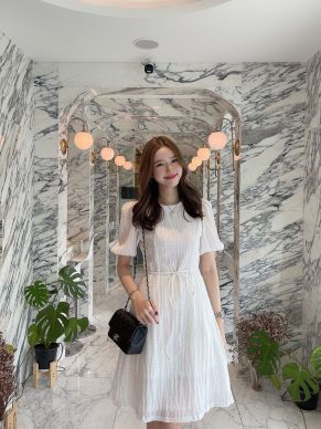 SPECIAL OFFER * CRUNCHY TIE WAIST CHIFFON DRESS-WHITE-L