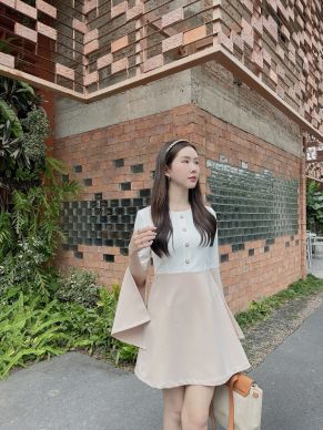 COLOURBLOCK SPILT SLEEVE DRESS-WHITE-M