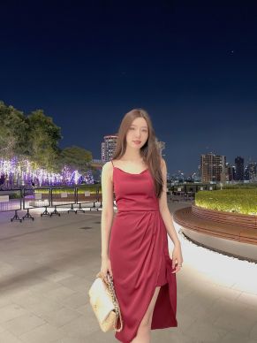 SENSUAL DRAPED TIE BACK SATIN DRESS-BURGUNDY-S