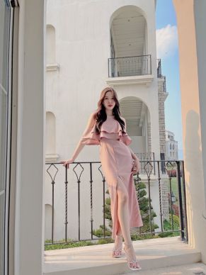 ESTELL SPLIT FRONT MAXI DRESS-PINK-S