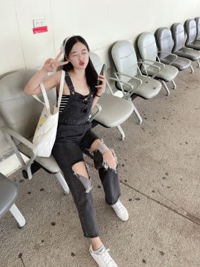 CHARCOAL RIPPED DENIM DUNGAREES-S