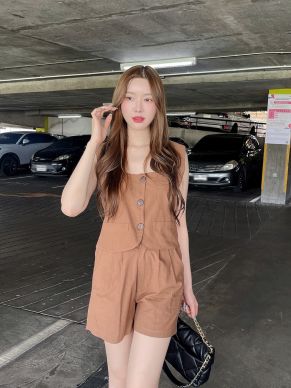 HONEY SLEEVELESS TOP & SHORTS SET-BROWN