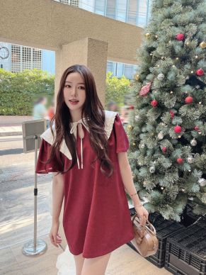 PUDDING BOW OVERSIZED COLLAR DRESS-BURGUNDY