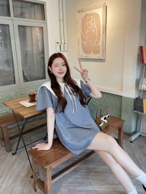 PUDDING BOW OVERSIZED COLLAR DRESS-GREY