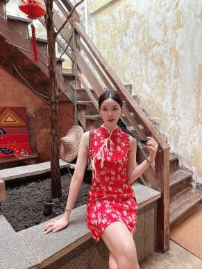 LUNAR FLORAL PRINT QIPAO DRESS-SAKURA