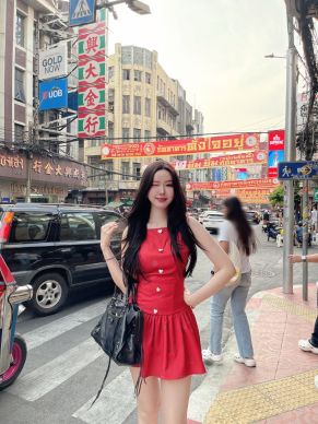 HEART BUTTON OPEN BACK BOW DRESS-CHERRY RED