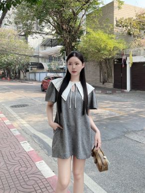 PUDDING BOW OVERSIZED COLLAR DRESS-CHARCOAL