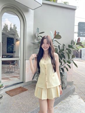 PASTEL LONG VEST TOP & SKIRT SET-YELLOW