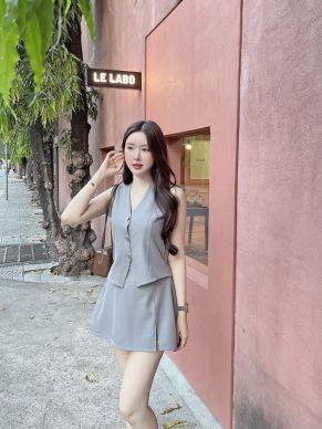 BELTED VEST TOP & SKIRT SET-GREY